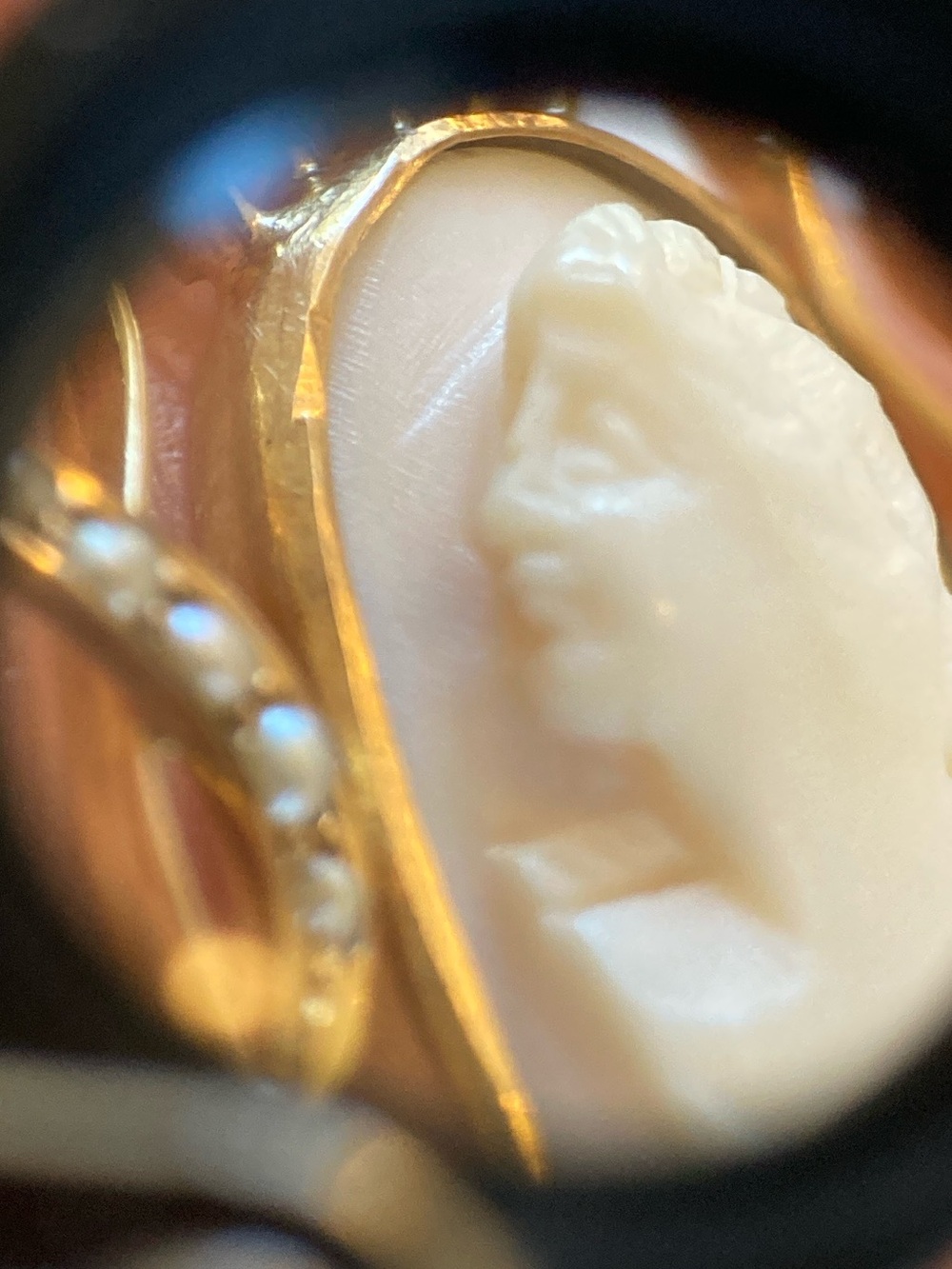 Antique Victorian 10K Diamond, Seed Pearl, Angel Skin Coral Carved Cameo Pendant - Picture 7 of 17